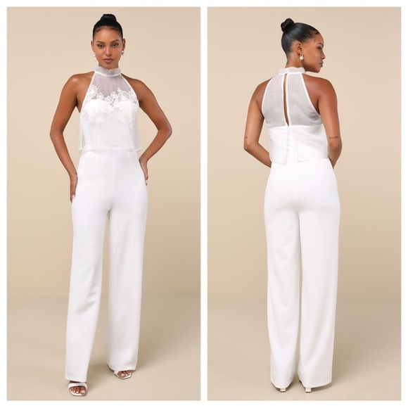 Lulus Formally Invited White Embroidered Organza FlounceJumpsuit